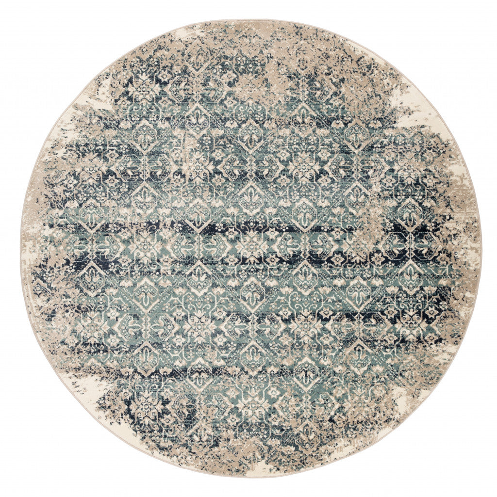 8' Ivory and Blue Round Oriental Area Rug