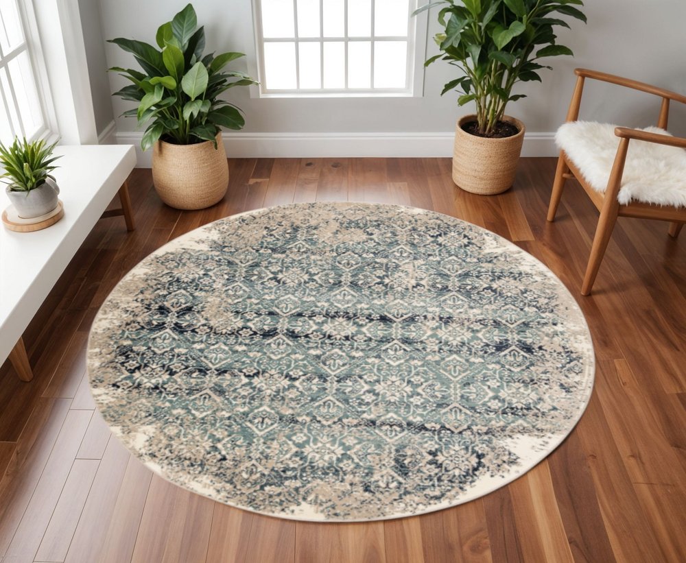 8' Ivory and Blue Round Oriental Area Rug