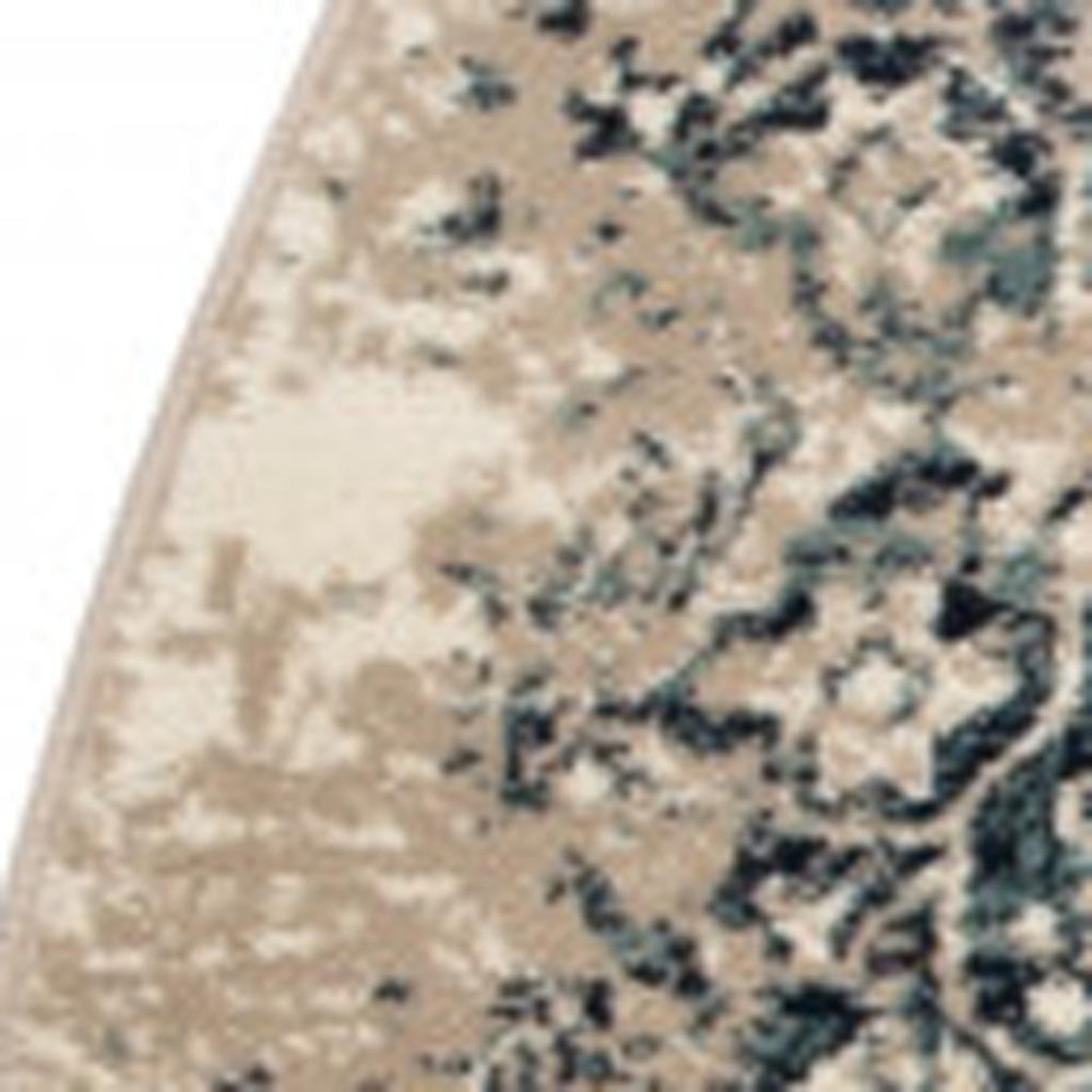 8' Ivory and Blue Round Oriental Area Rug