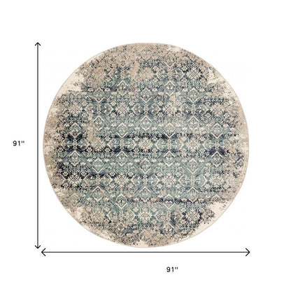8' Ivory and Blue Round Oriental Area Rug