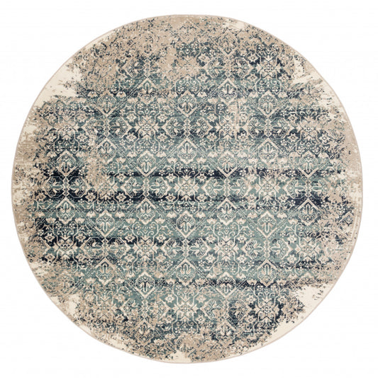 8' Ivory and Blue Round Oriental Area Rug