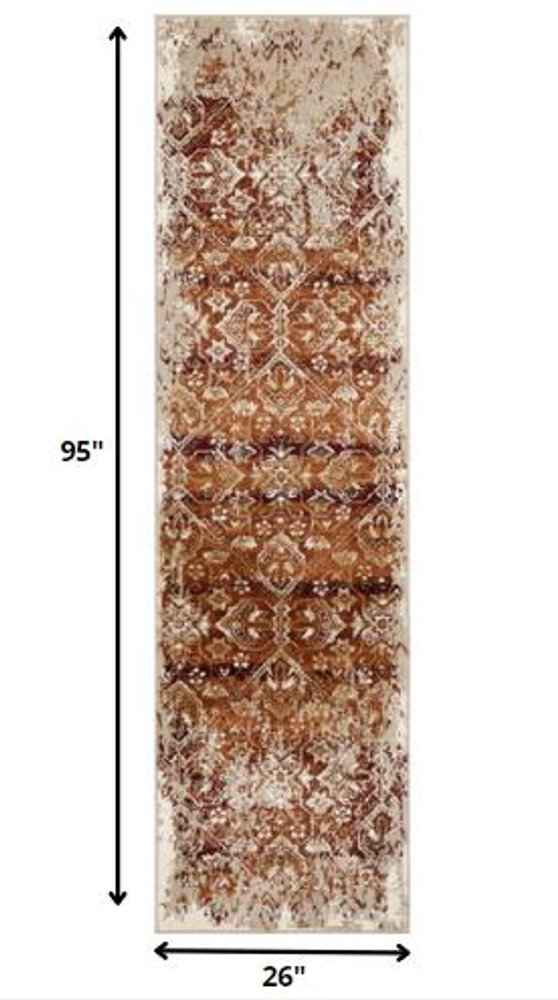 8' Rust And Ivory Oriental Runner Rug