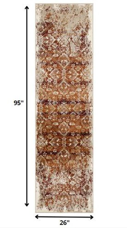 8' Rust And Ivory Oriental Runner Rug