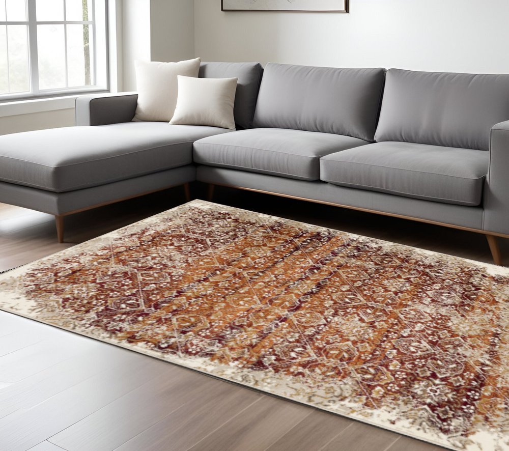 8' X 11' Rust And Ivory Oriental Area Rug