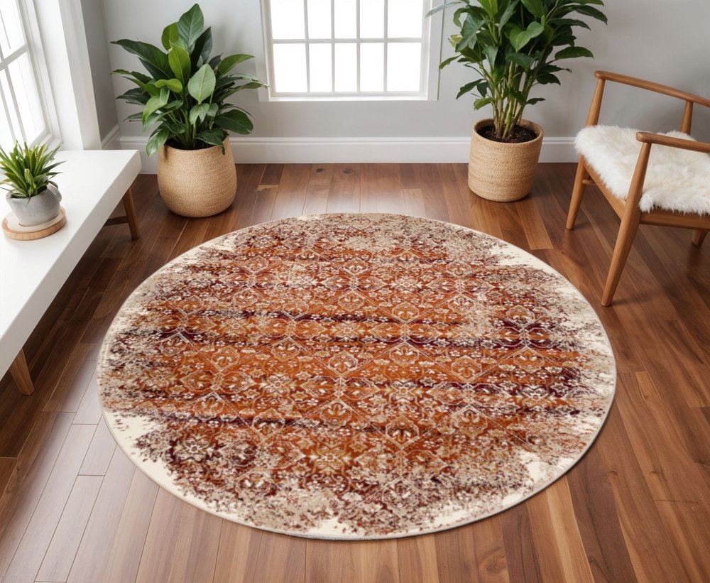 8' Rust And Ivory Oriental Round Rug