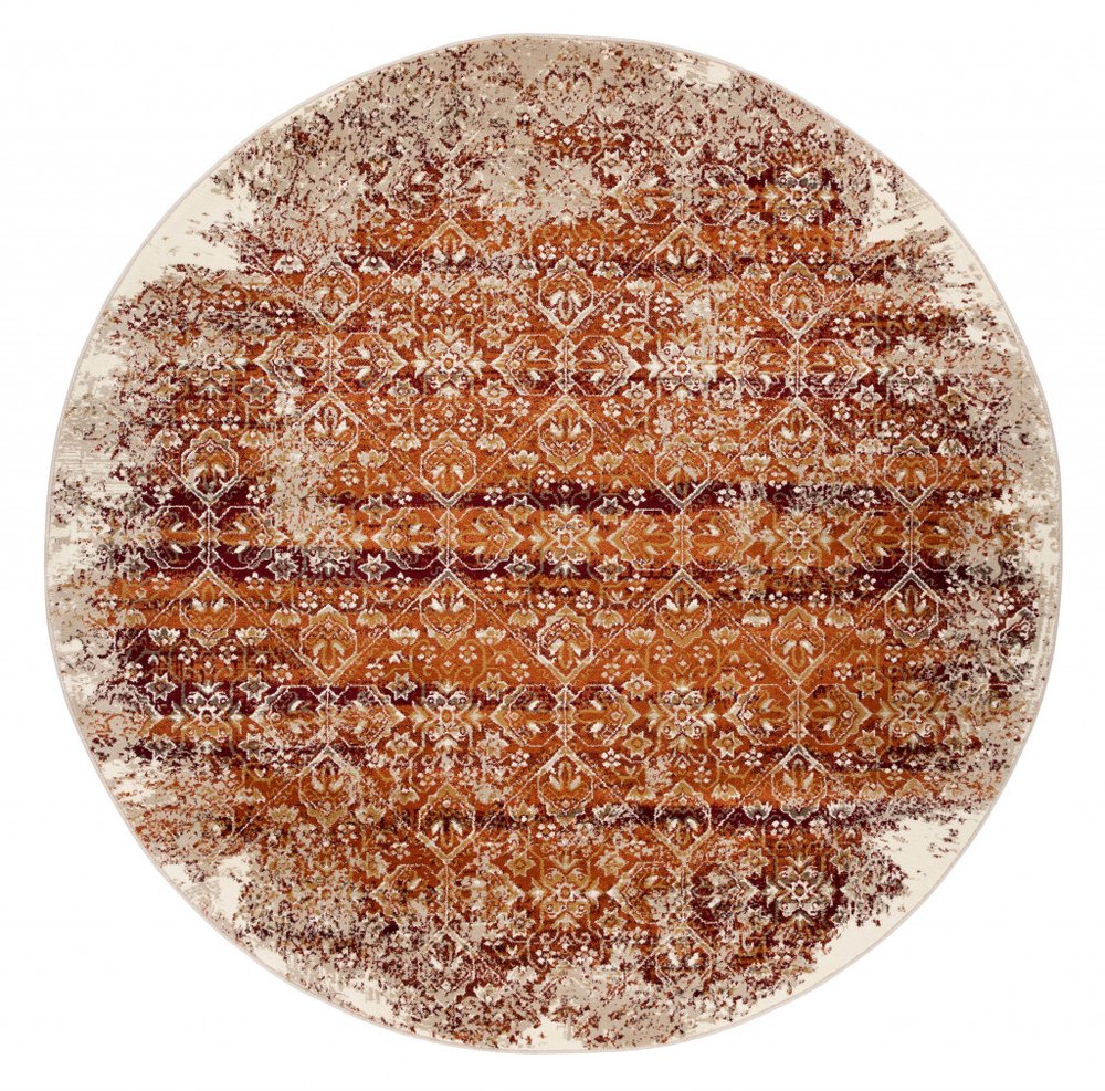 8' Rust And Ivory Oriental Round Rug