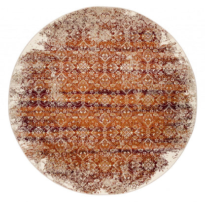 8' Rust And Ivory Oriental Round Rug
