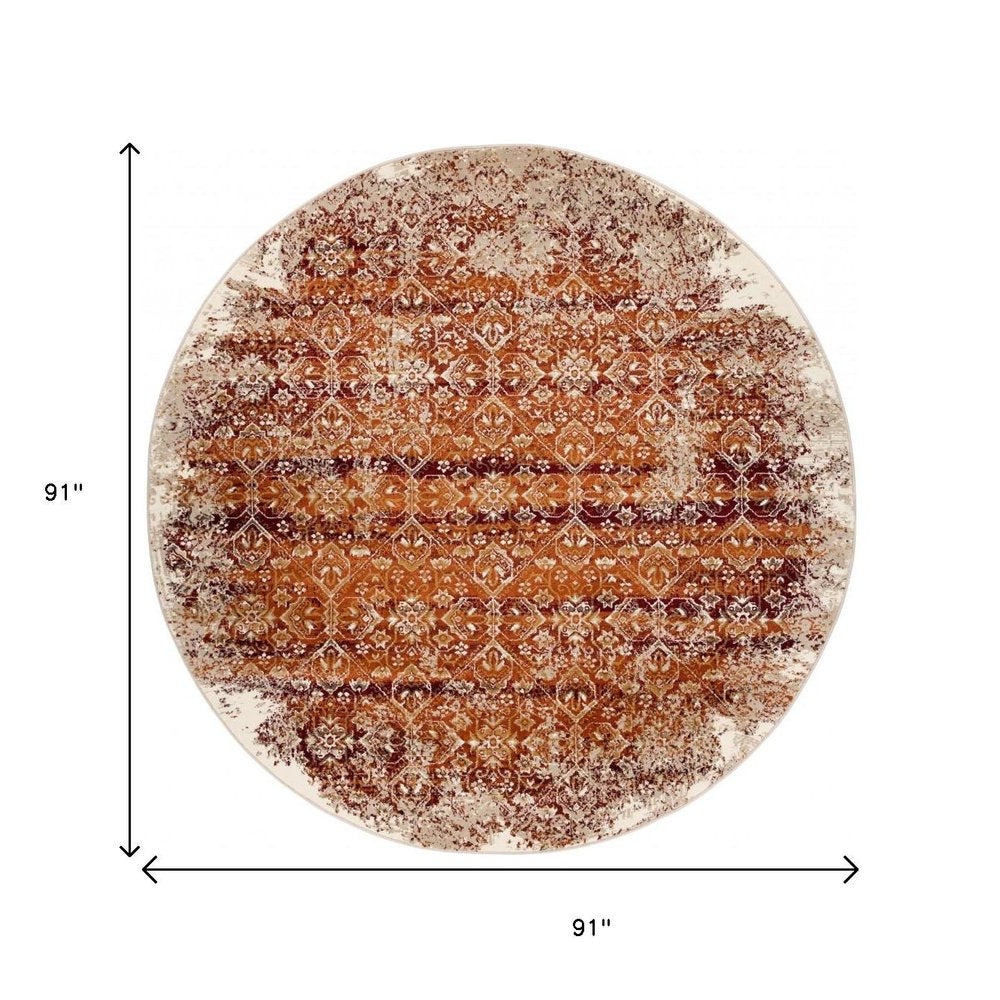 8' Rust And Ivory Oriental Round Rug