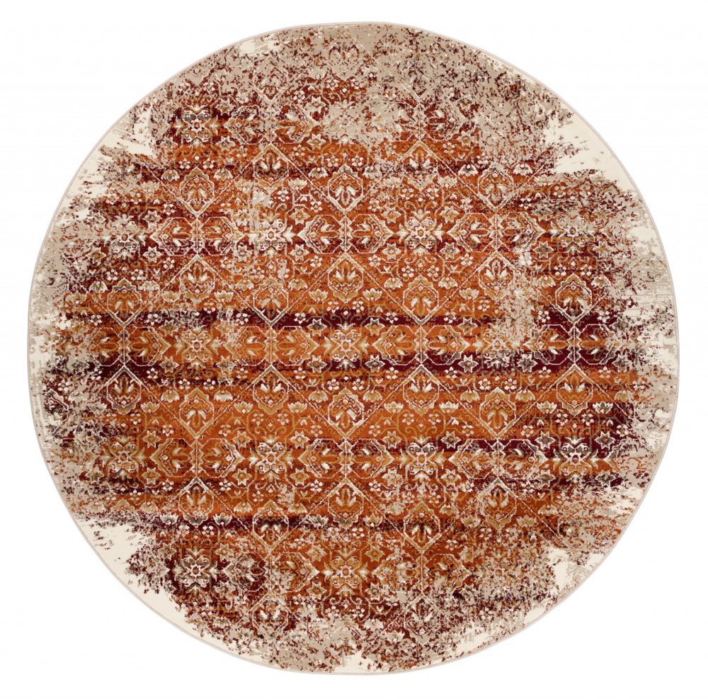 8' Rust And Ivory Oriental Round Rug