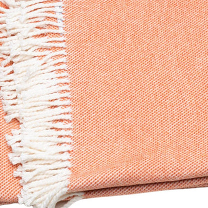 55" X 70" Coral And Ivory Cotton Woven Plush Throw Blanket with Tassels
