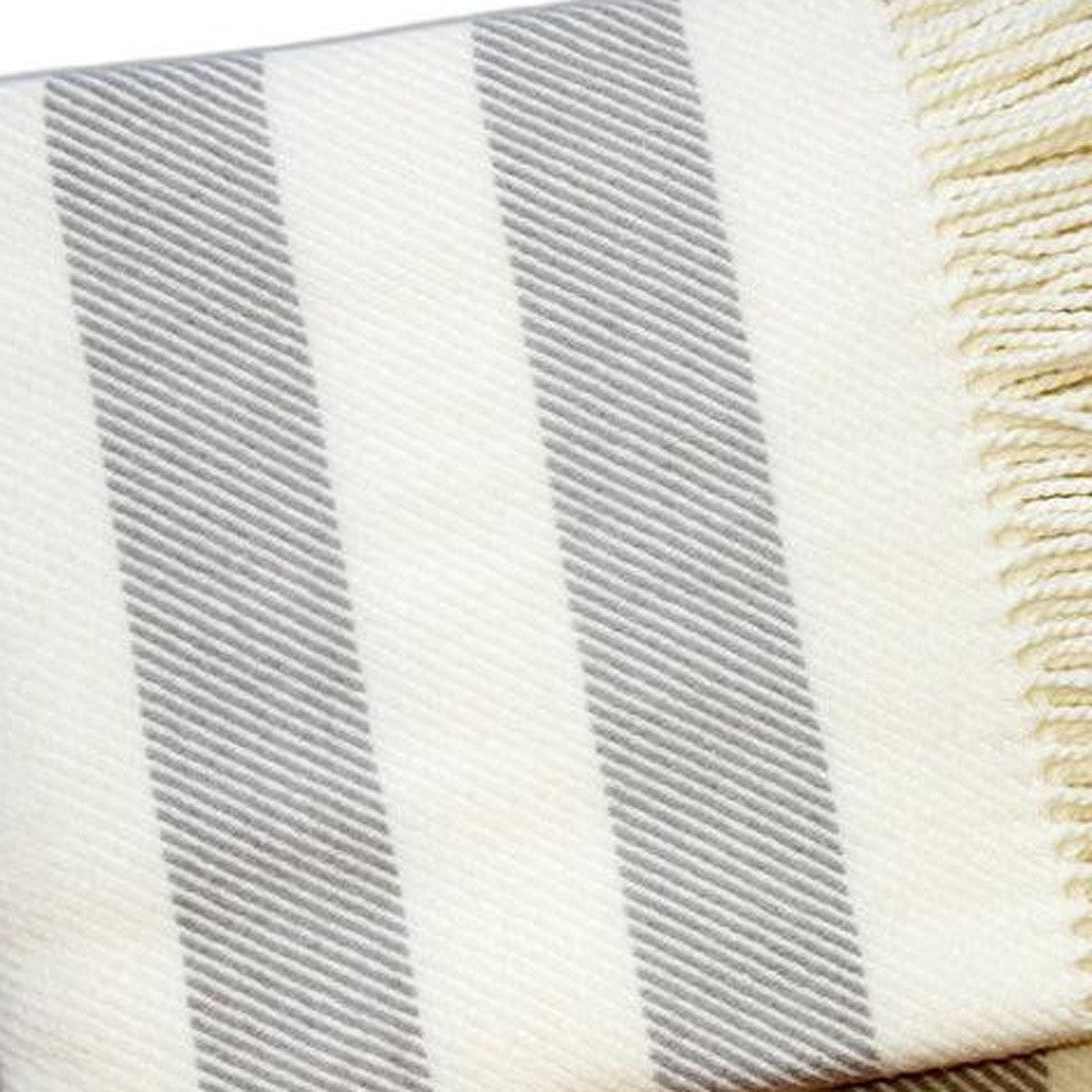 Cream and Gray Slanted Stripe Fringed Throw Blanket