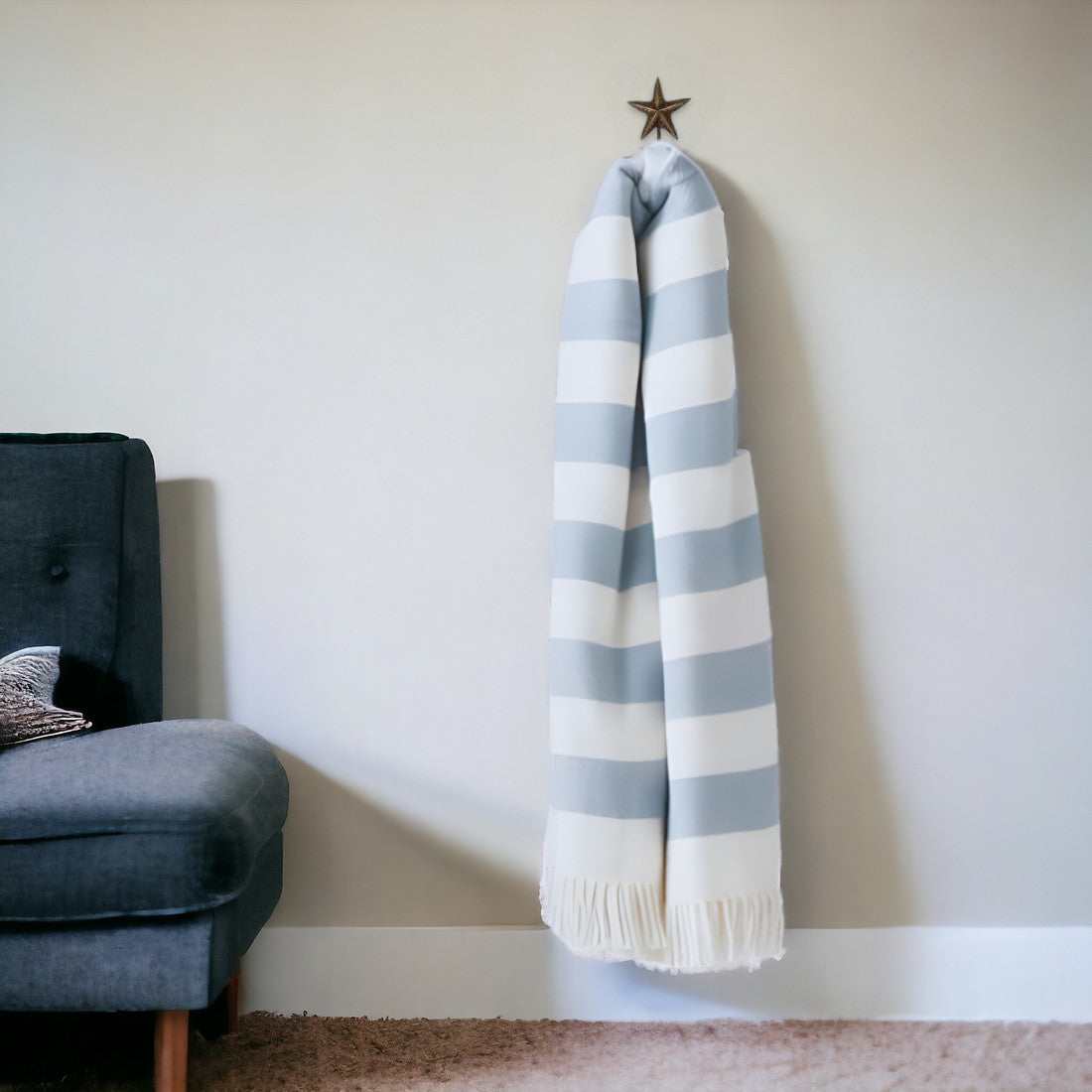 Cream and Sky Blue Slanted Stripe Fringed Throw Blanket