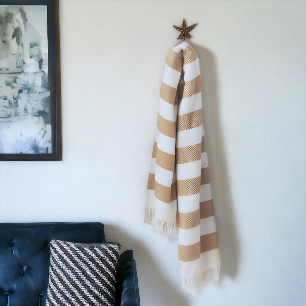 Cream and Stone Slanted Stripe Fringed Throw Blanket