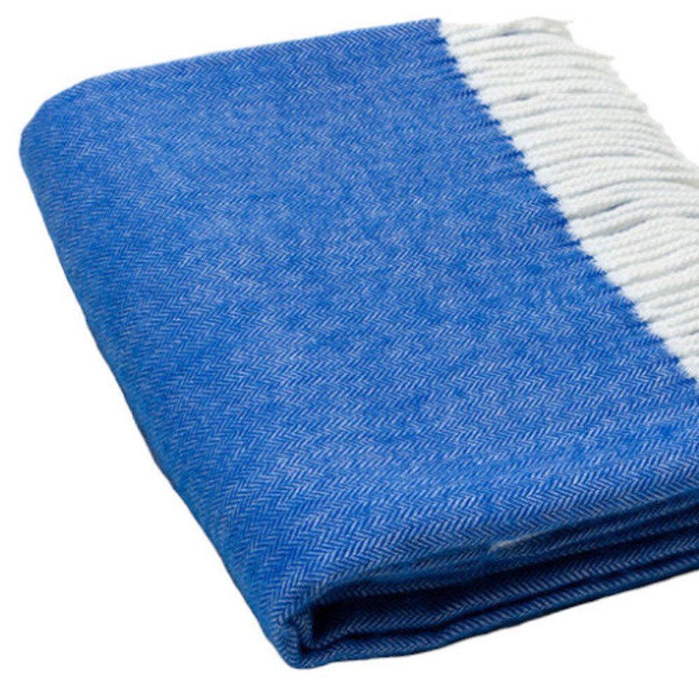50 x 60 inches royal blue and white woven herringbone plush throw blanket, folded to show navy and light blue tones.