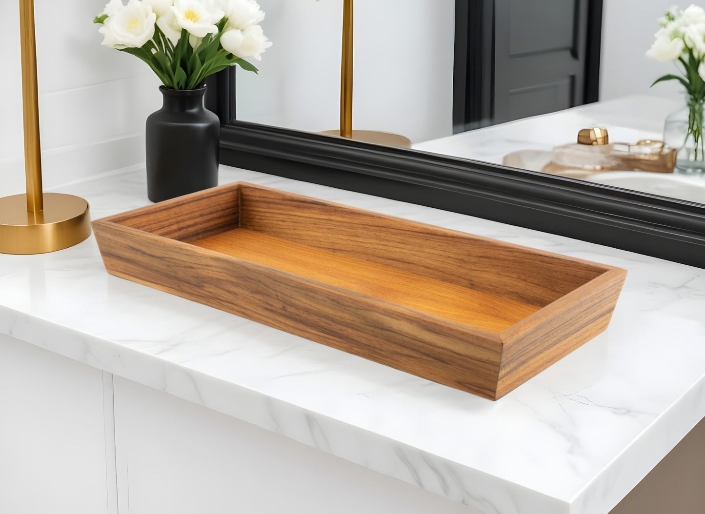 15" Brown Solid Teak Vanity Tray