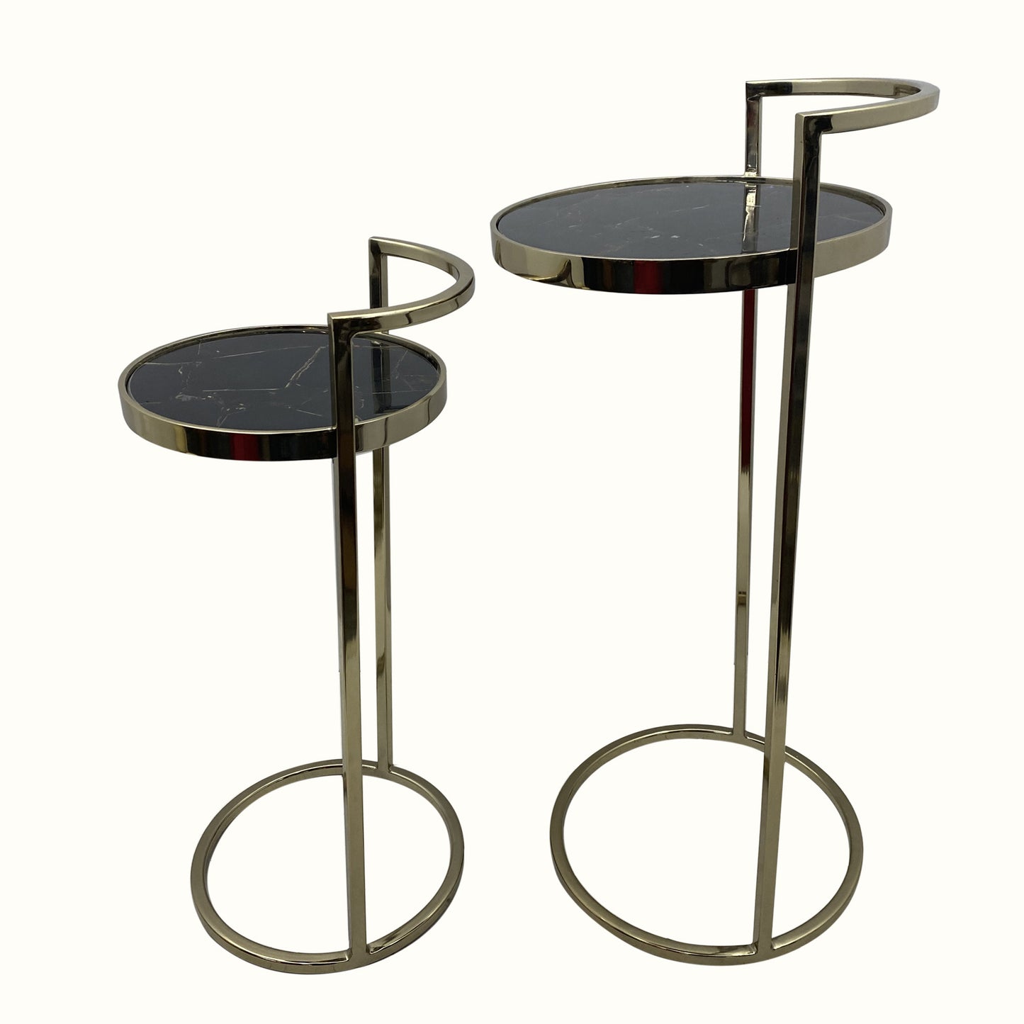 Set of Two 27" Gold And Black Stone And Metal Round Nested Tables