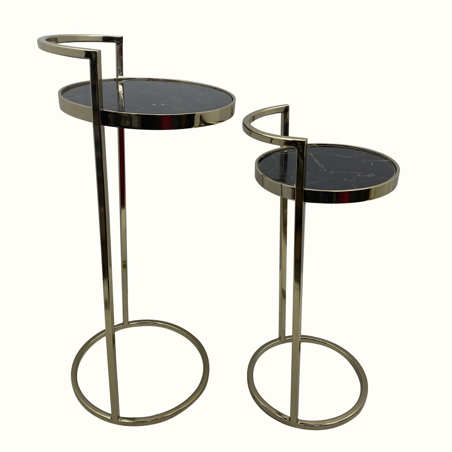 Set of Two 27" Gold And Black Stone And Metal Round Nested Tables