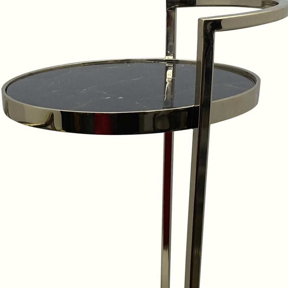 Set of Two 27" Gold And Black Stone And Metal Round Nested Tables