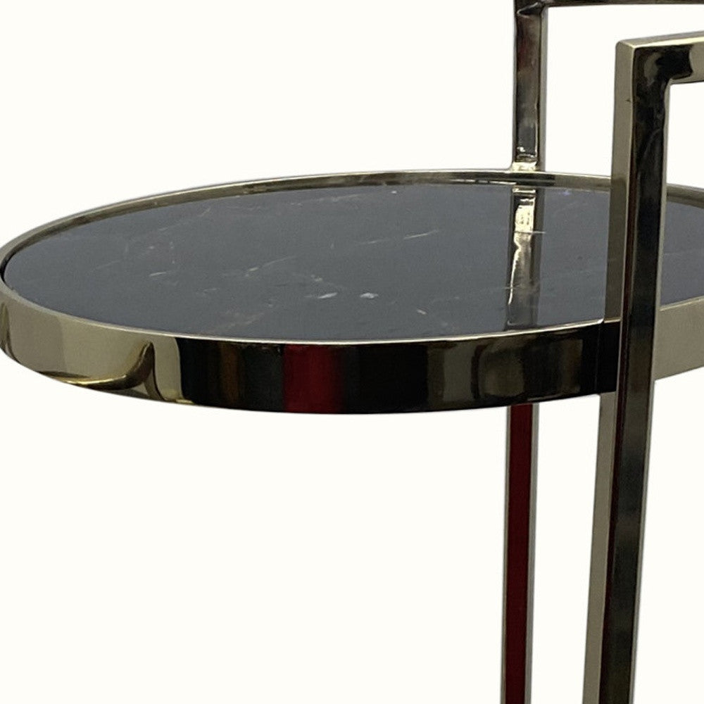 Set of Two 27" Gold And Black Stone And Metal Round Nested Tables