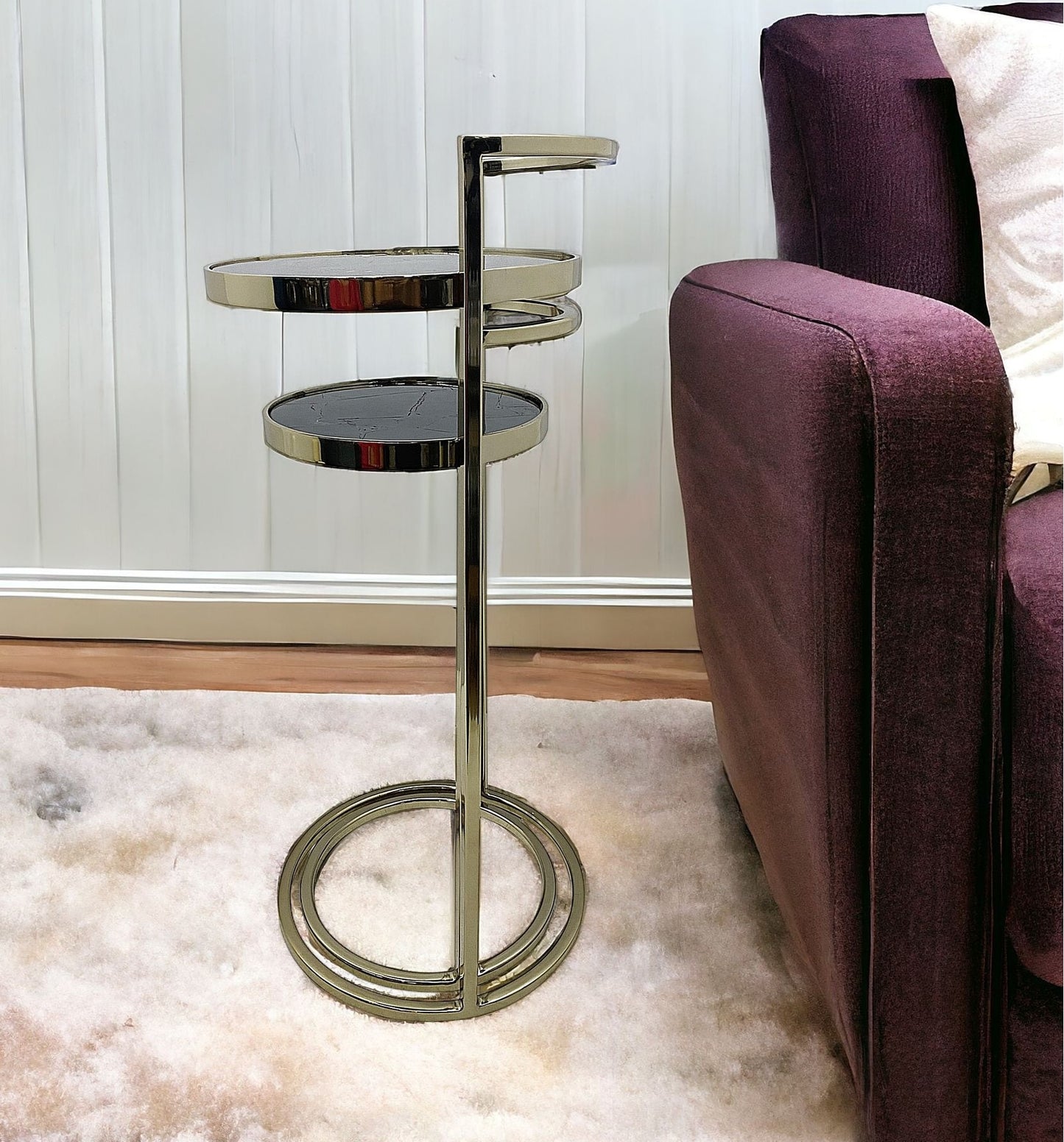 Set of Two 27" Gold And Black Stone And Metal Round Nested Tables