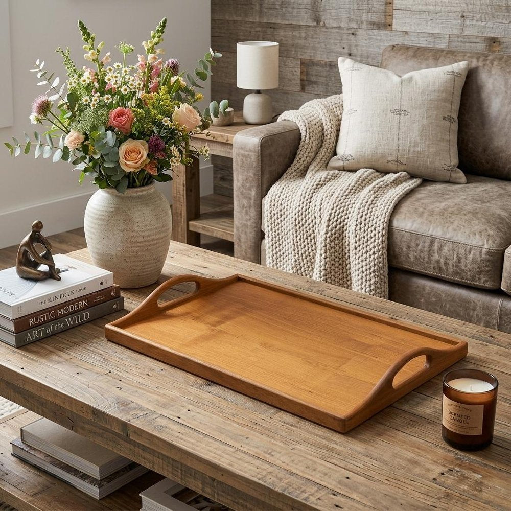 19" Brown Teak Handmade Serving Tray