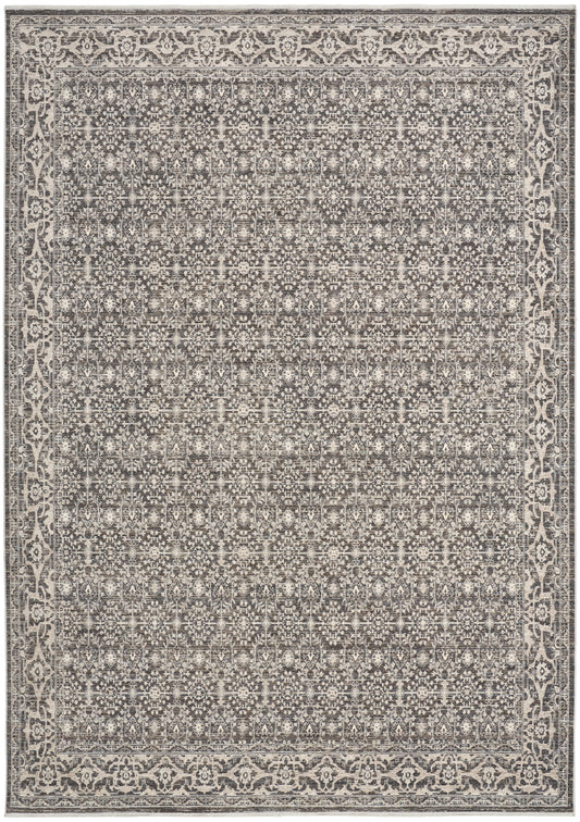 Rectangular distressed gray and ivory oriental rug with ornate border and repeating lattice motif throughout