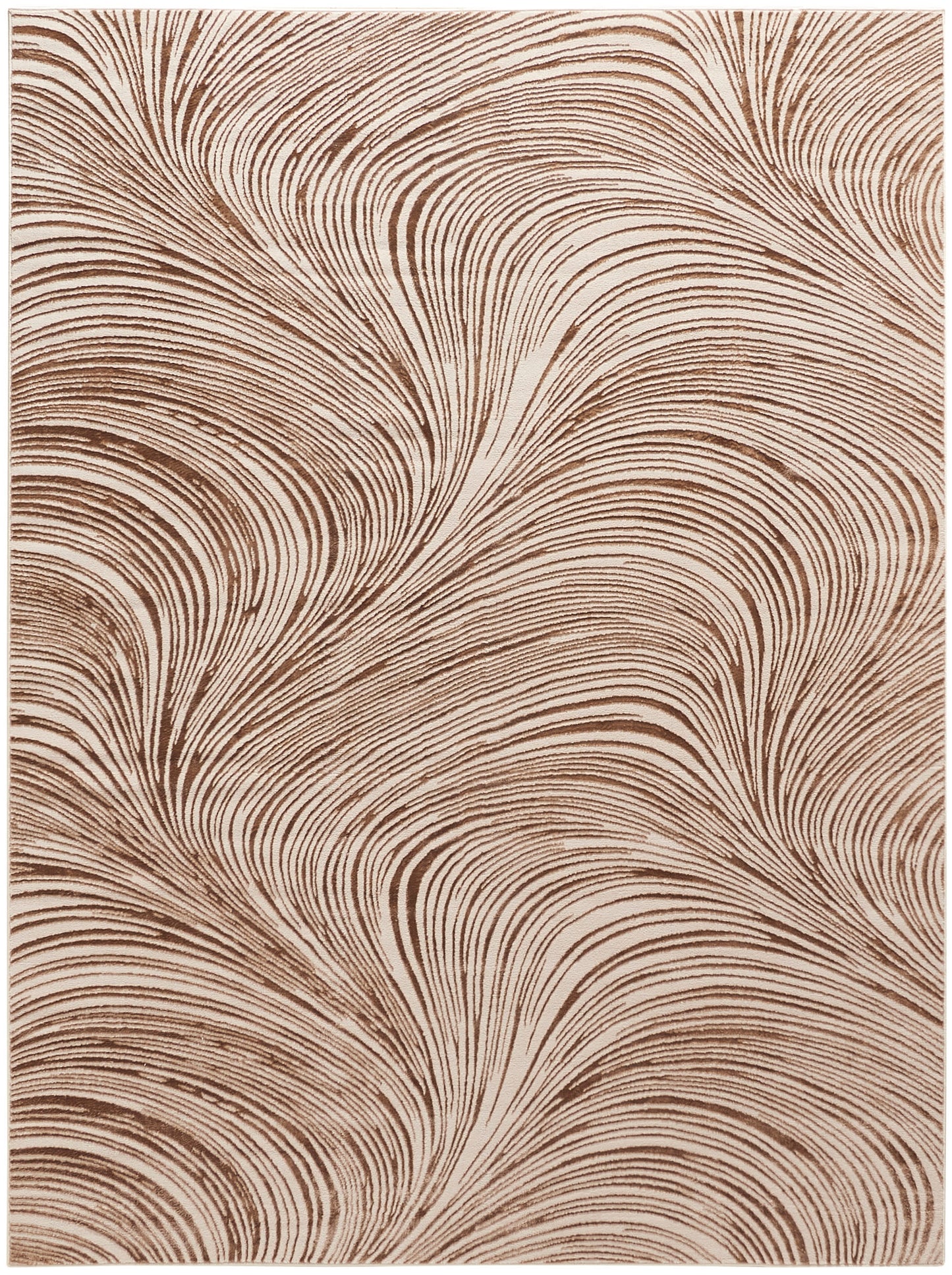 Brown & beige abstract swirl rug with flowing linear patterns; contemporary textile for living room.