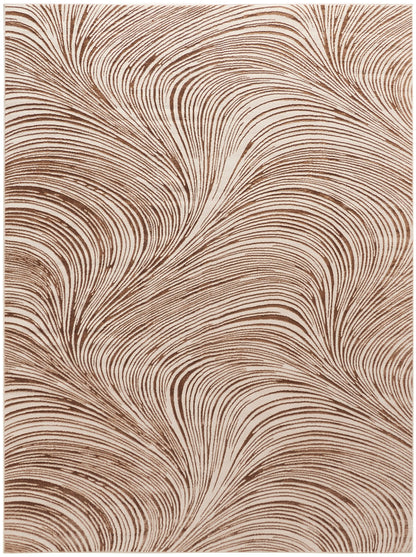 Brown & beige abstract swirl rug with flowing linear patterns; contemporary textile for living room.