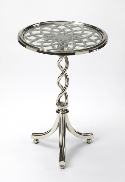 26" silver aluminum open lattice round top end table