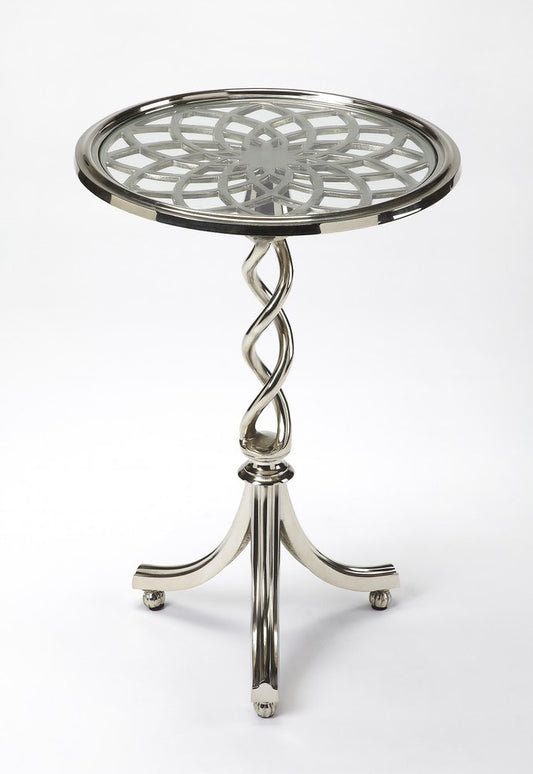 26" silver aluminum open lattice round top end table