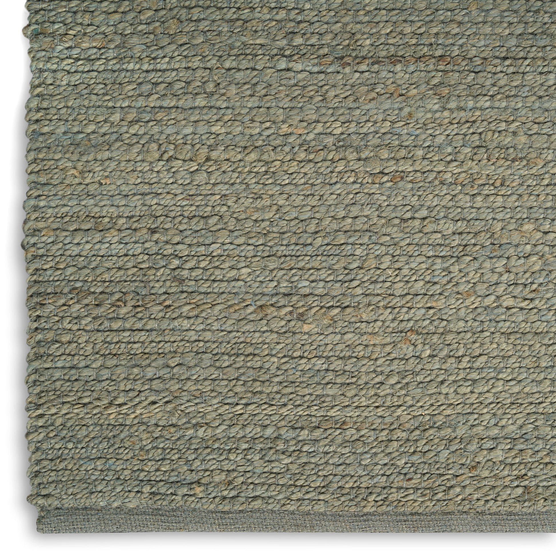 Olive-gray textured looped-pile rug with Berber-style weave and beige border.