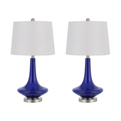 Set Of Two 26" Silver Metal Two Light Bedside Table Lamps With White Globe Shade