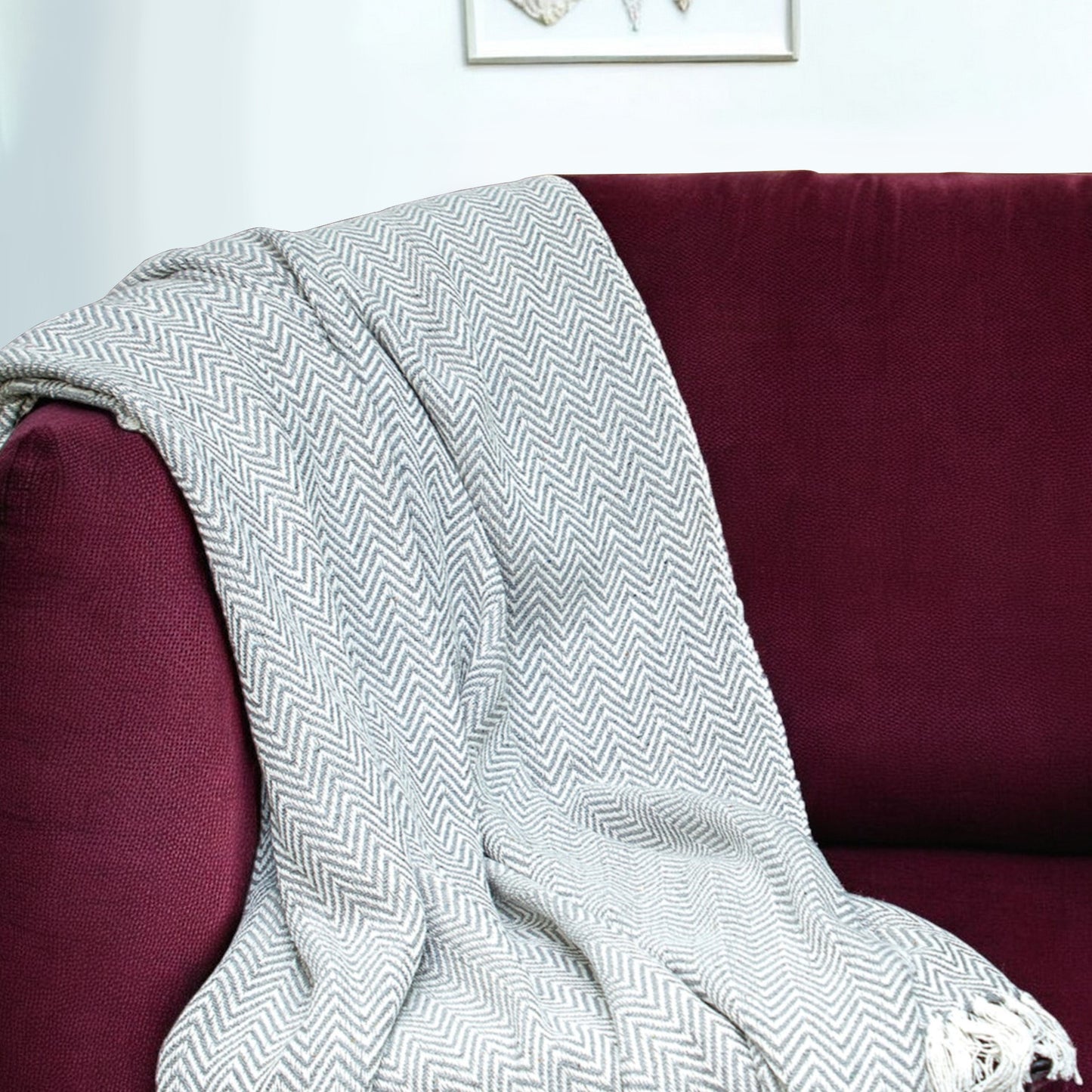 Handloomed Dark Gray Cotton Throw Blanket with Tassels