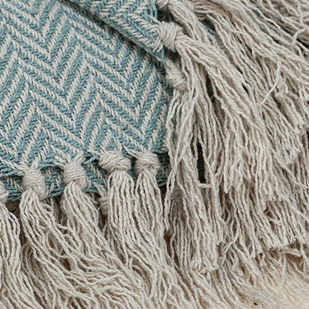 Handloomed Pale Aqua Cotton Throw Blanket with Tassels