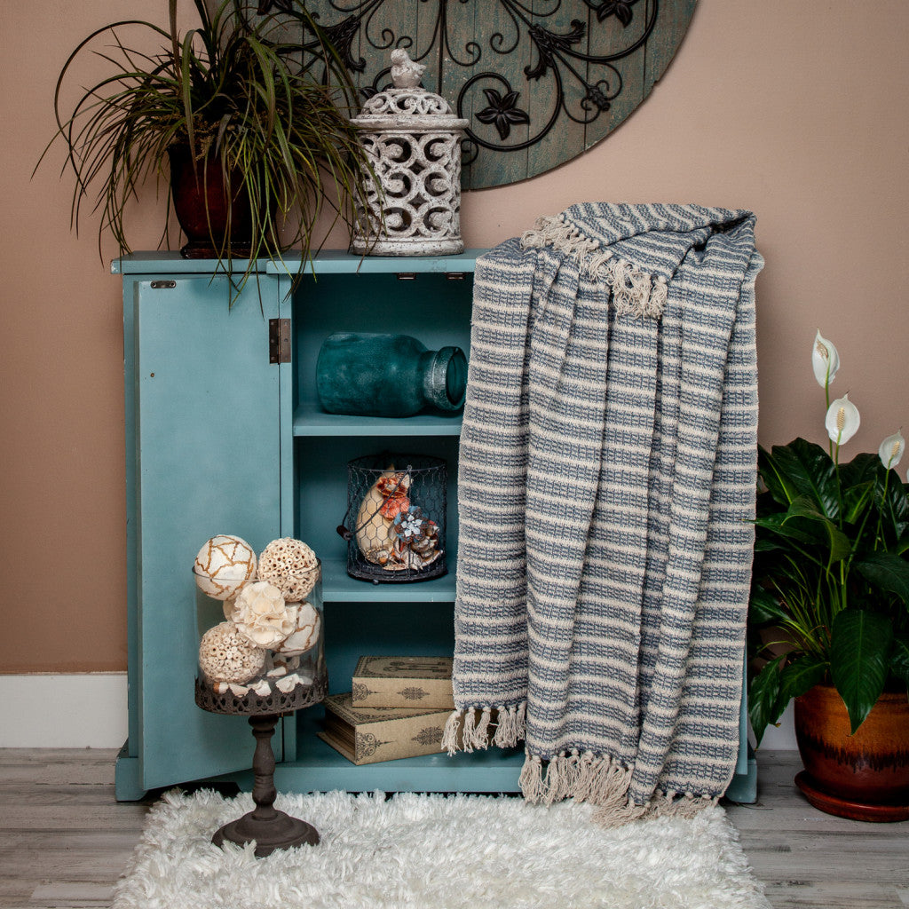 67" X 52" Blue and Gray Quilted Cotton Striped Throw Blanket