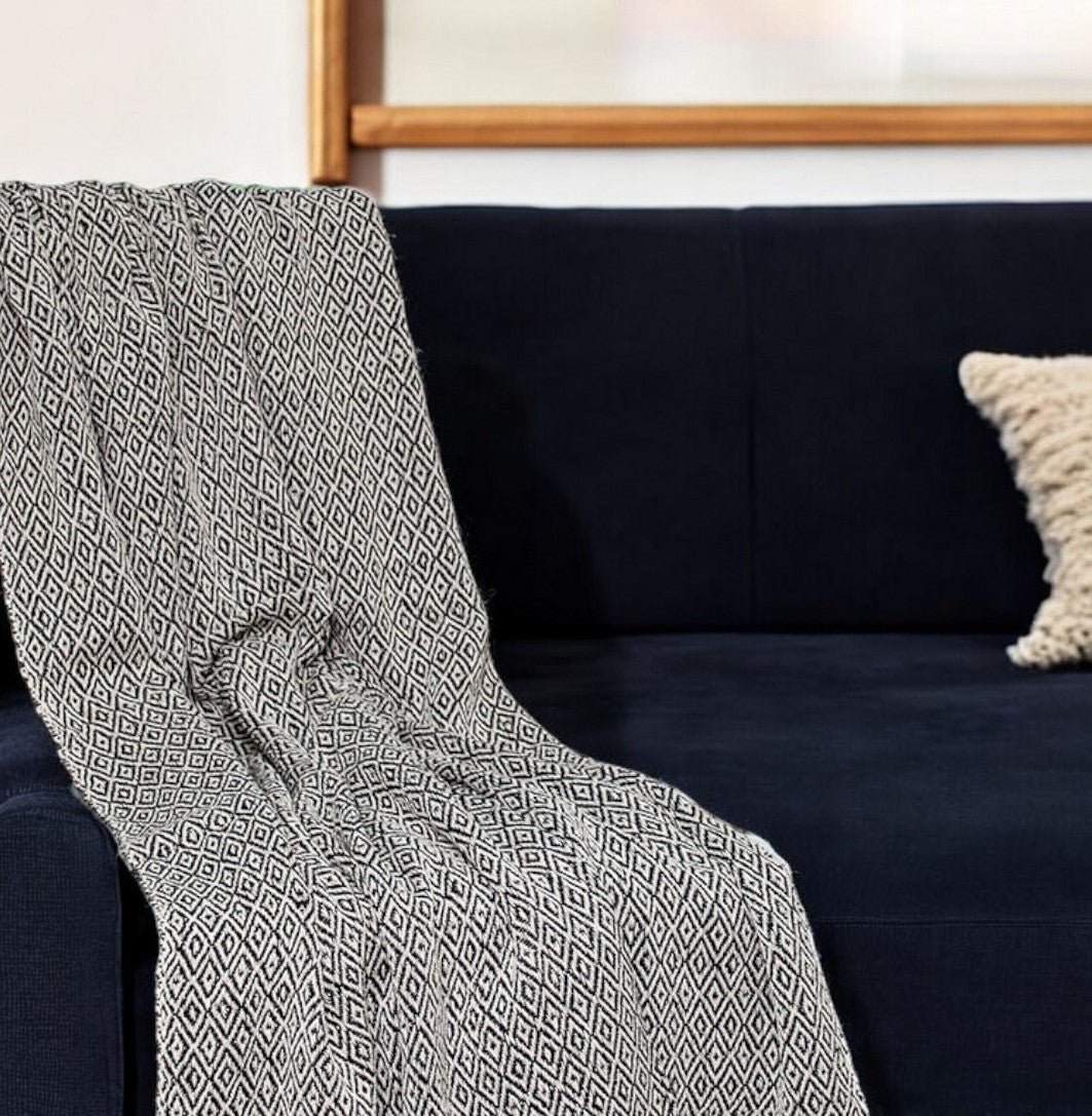 Boho Black and Beige Woven Diamond Pattern Throw with Tassels