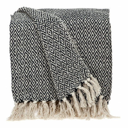 52" X 67" Black And Beige Geometric Diamond Throw Blanket with Tassels