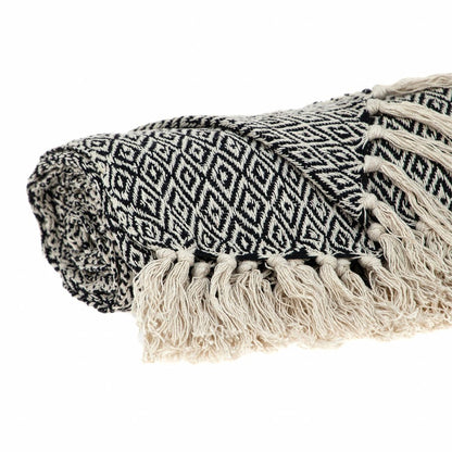 52" X 67" Black And Beige Geometric Diamond Throw Blanket with Tassels