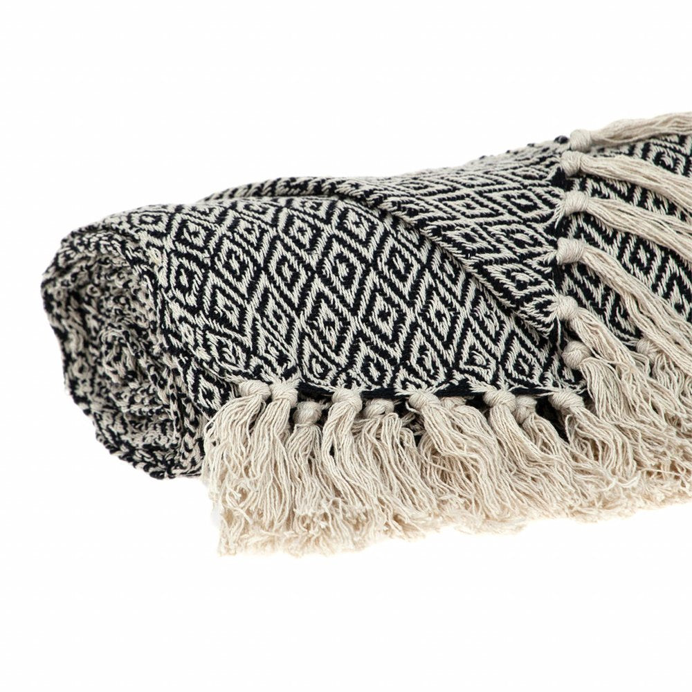52" X 67" Black And Beige Geometric Diamond Throw Blanket with Tassels