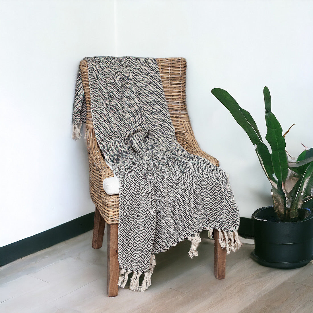 Boho Black and Beige Woven Diamond Pattern Throw with Tassels