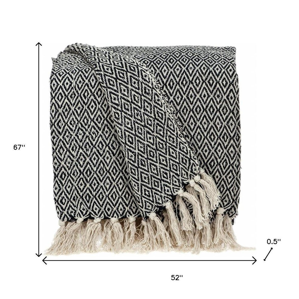 52" X 67" Black And Beige Geometric Diamond Throw Blanket with Tassels