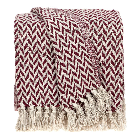 52" X 67" Burgundy And Ivory Cotton Woven Herringbone Throw Blanket with Tassels