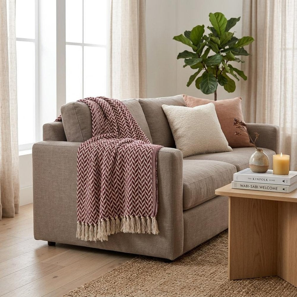 52" X 67" Burgundy And Ivory Cotton Woven Herringbone Throw Blanket with Tassels