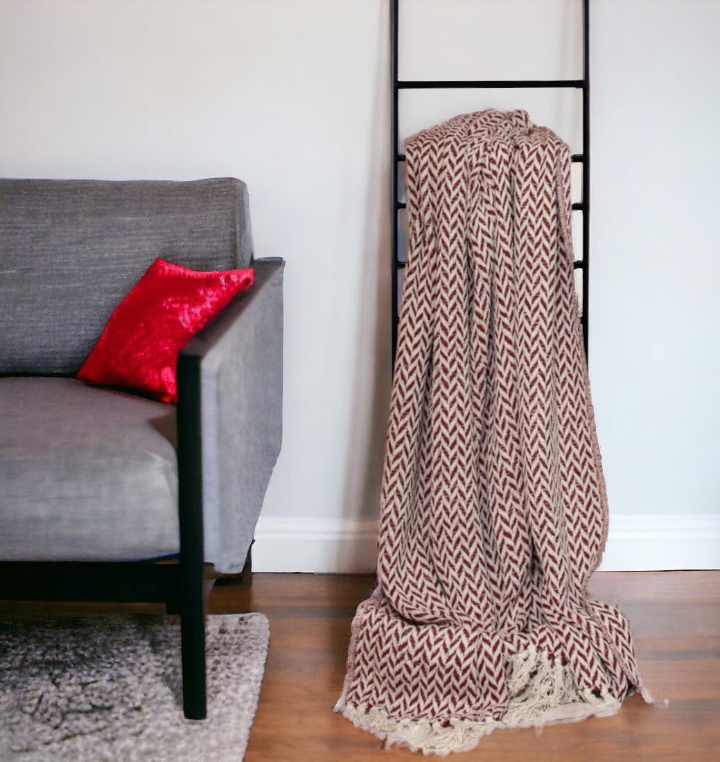 Burgundy Handloom Herringbone Weave with Tassels