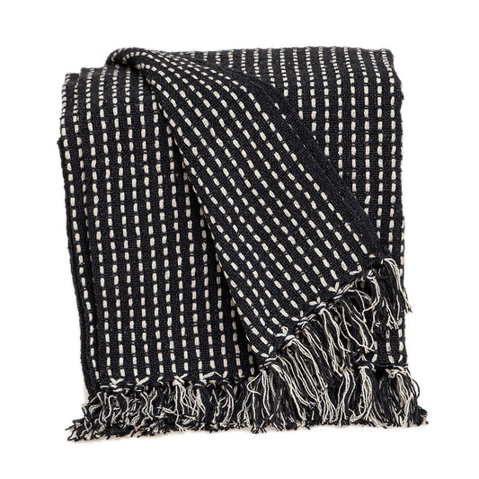 67" X 52" Black and White Woven Cotton Striped Throw Blanket with Tassels