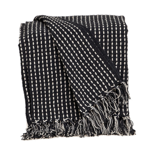 52" X 67" Black and White Woven Cotton Striped Throw Blanket with Tassels