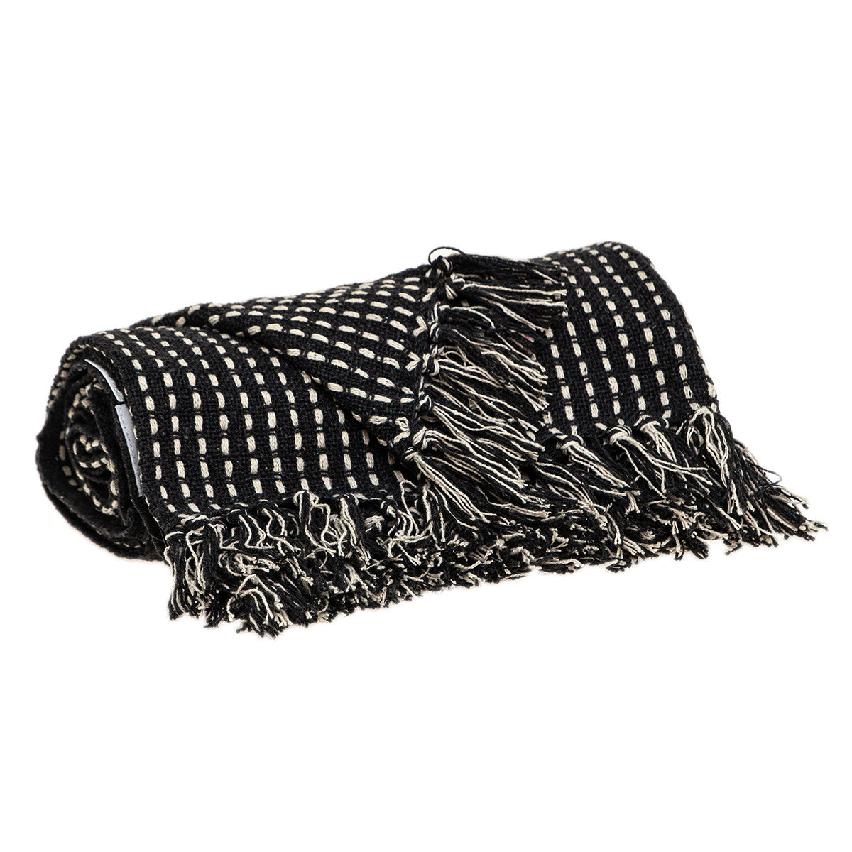 52" X 67" Black and White Woven Cotton Striped Throw Blanket with Tassels