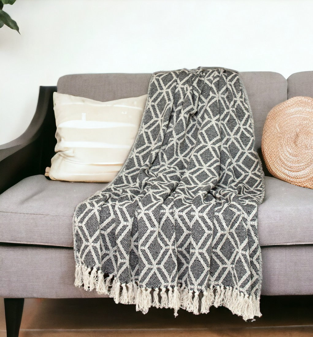 Grey and Beige Handloom Geometric Woven Throw Blanket