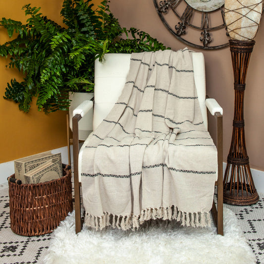 52" X 67" Beige and Black Woven Cotton Striped Throw Blanket with Tassels