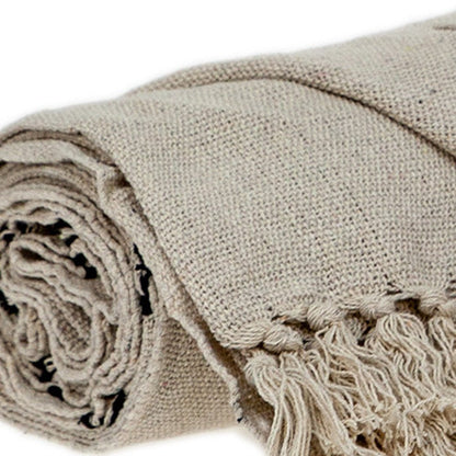 52" X 67" Beige and Black Woven Cotton Striped Throw Blanket with Tassels